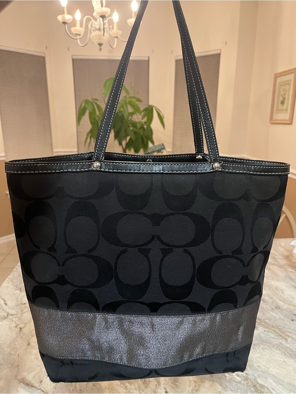 Vintage Coach Classic Black Signature Tote with Metallic Accent